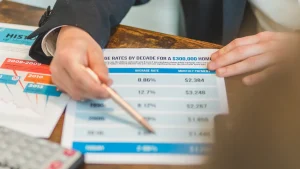 hand pointing at a loan rate comparison sheet with calculator